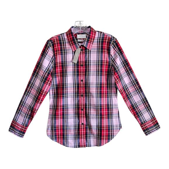 J. CREW Women 4 Slim Perfect Shirt Stewart Plaid Red Blue Pink Button Up 36" NEW - Picture 1 of 8